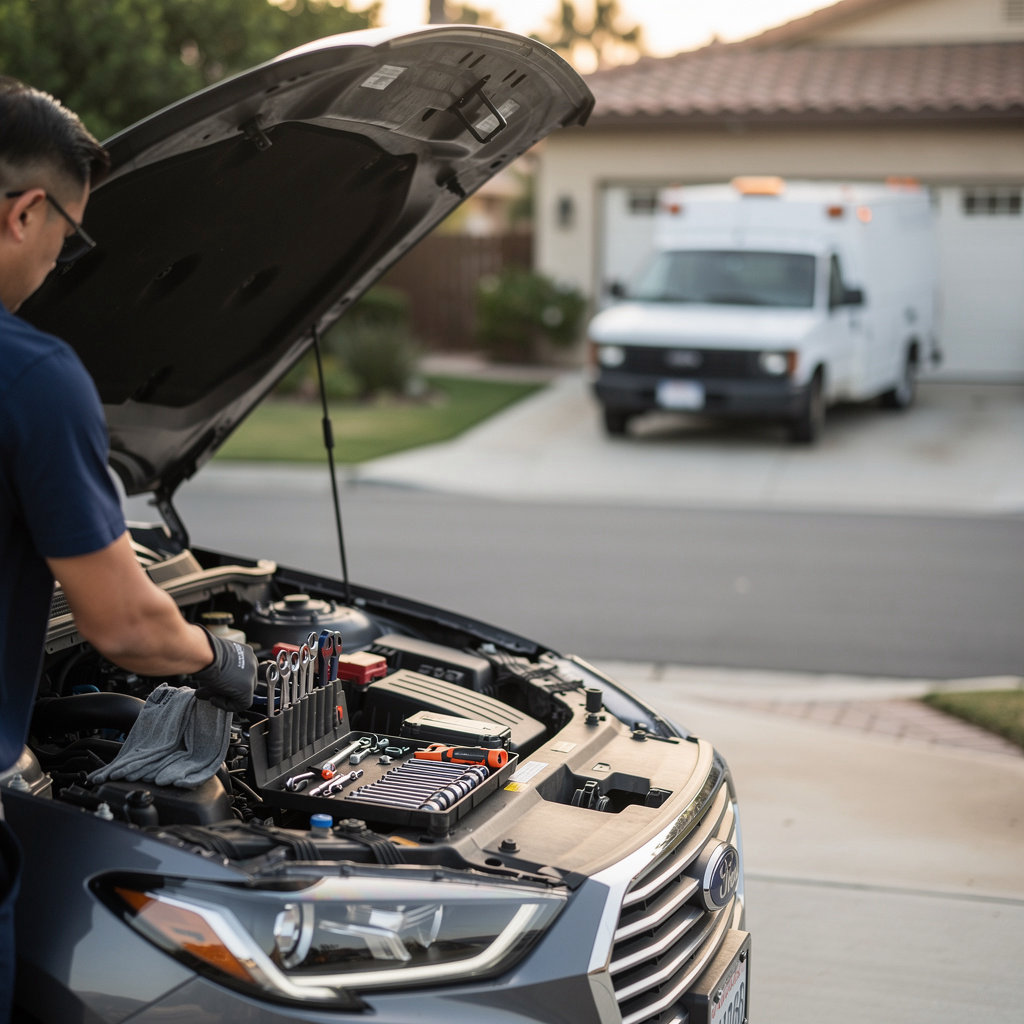 Carro estacionado em garagem residencial recebendo atendimento de mecânico móvel El James em San Diego